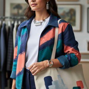Person wearing a hand-painted graphic jacket and sculptural jewelry styled with classic basics in a softly blurred vintage and art studio setting.