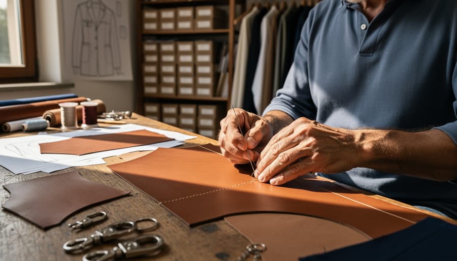 Artisan hands working on tan leather with a burnishing tool in a workshop
