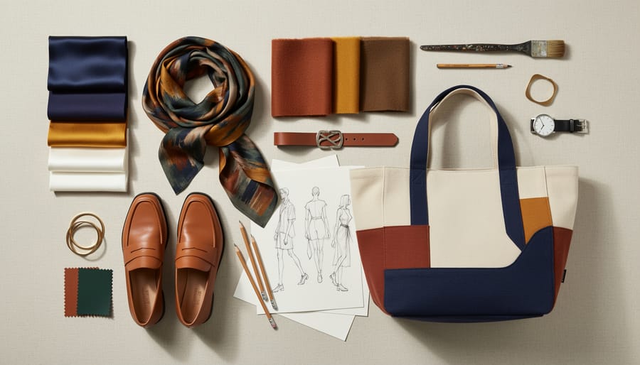 Flat lay of art-inspired fashion items including a patterned scarf, textured knit top, brooch, and bold-pattern bag arranged on a wooden table