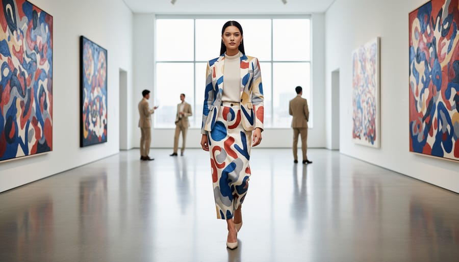 Woman wearing a bold artist-inspired blazer in a modern art gallery with neutral clothing, statement jewelry, and a structured tote