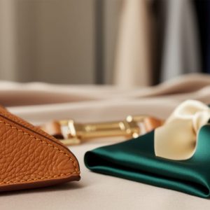 Close-up of an Italian leather handbag with visible stitching and a folded silk scarf, showing detailed fabric texture and gold-toned hardware.