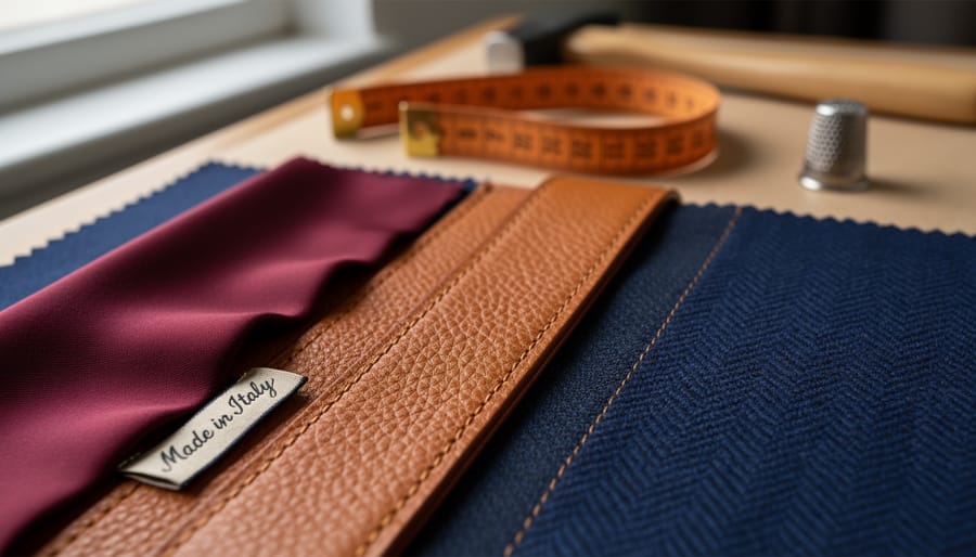 Close-up of an Italian leather handbag and silk scarf with visible stitching and fabric texture
