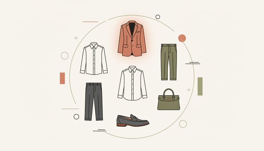 Neatly arranged luxury Italian accessories and folded garments on a marble surface