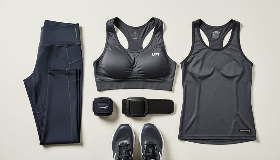 Flat-lay of women’s weight lifting apparel including high-compression leggings, a moisture-wicking top, and a supportive sports bra