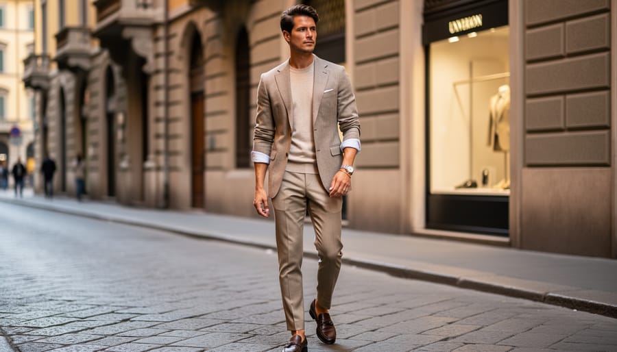 Woman wearing a camel wool coat and understated luxury accessories walking on a cobblestone street