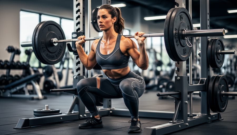 Woman performing a barbell lift in fitted weight lifting leggings and a supportive sports bra in a gym