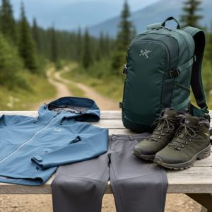 Stylish outdoor apparel assortment on a wooden table, featuring a waterproof jacket, hiking pants, trail footwear, and a daypack against a blurred mountain forest background.