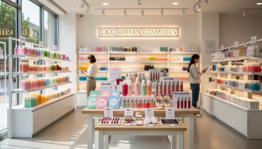 Bright Montreal storefront interior of C&C Korean Cosmetics with neatly stocked skincare and makeup displays