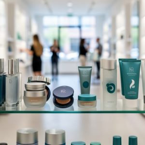 Interior of a Montreal beauty boutique showing neatly arranged Korean skincare and makeup products on shelves with soft lighting and a modern, welcoming atmosphere.