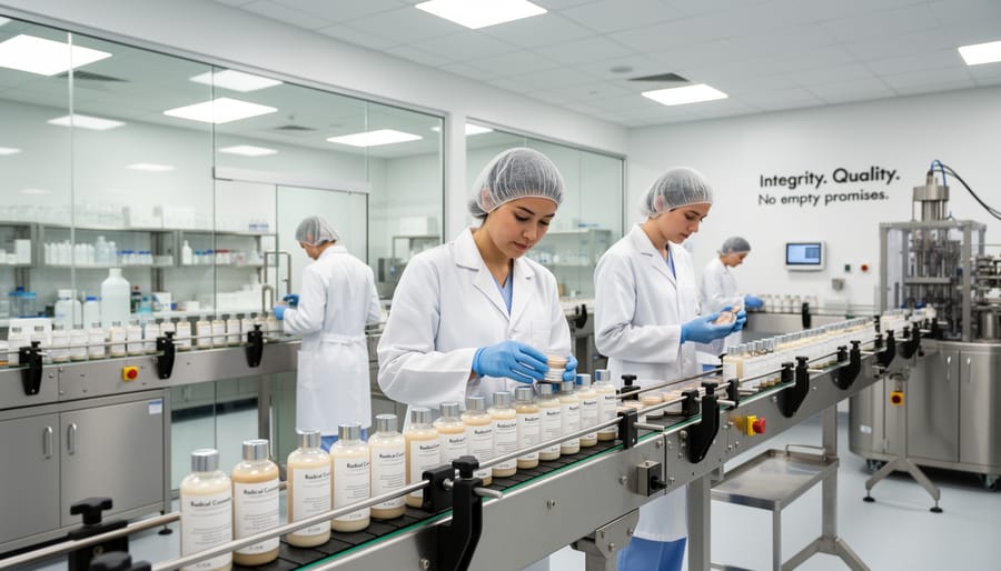 Clean modern cosmetics manufacturing facility with stainless-steel tanks and hoses