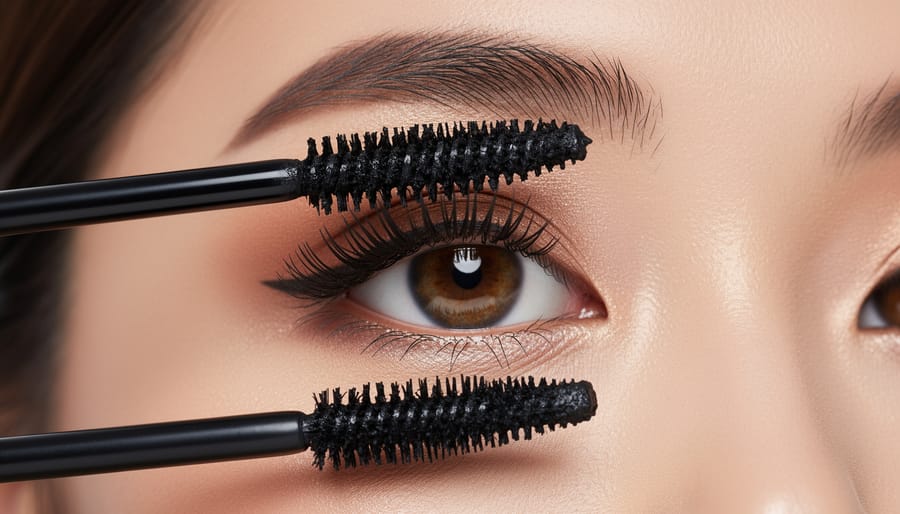 Close-up of a woman applying Vibely mascara to her eyelashes using a dual-brush wand.