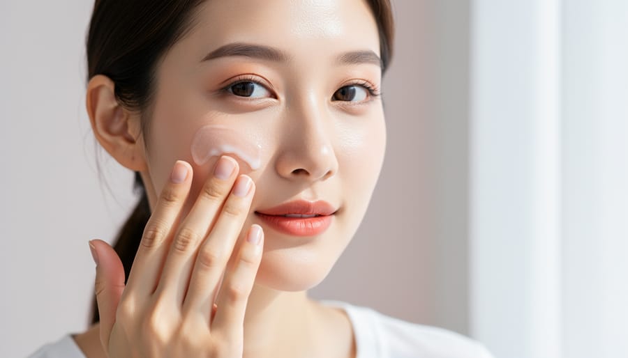Close-up of hands dispensing Korean skincare serum dropper onto a vanity surface with moisturizer and sheet mask nearby