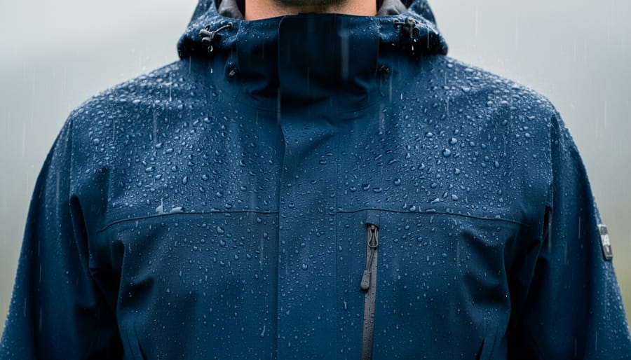 Close-up of waterproof jacket with raindrops beading on fabric while hiker adjusts hood
