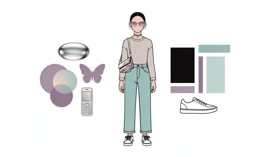Conceptual scene of a modern outfit featuring a mid-rise denim skirt, baby tee, chunky sneakers, and a butterfly hair clip in warm golden light