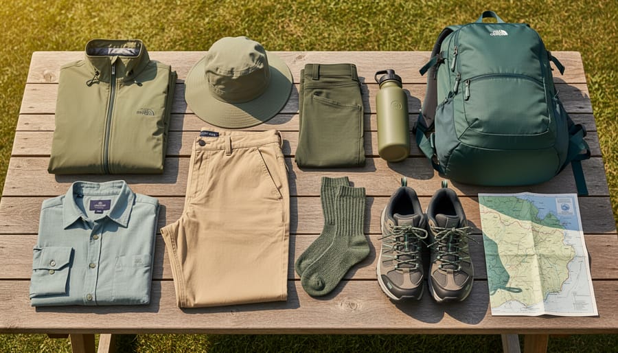 Folded outdoor clothing and gear arranged on a retail table