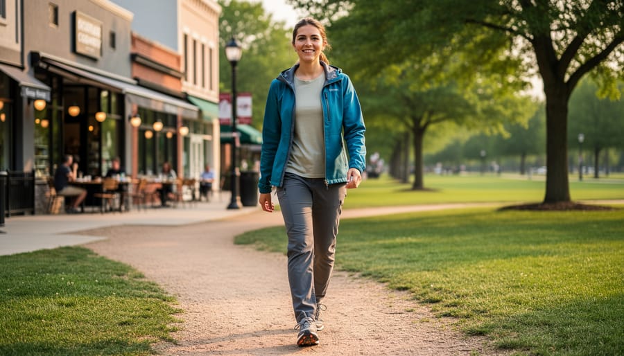 Hoodie and hiking pants draped over a bench with a water bottle and bag