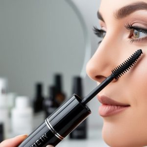 Close-up of a mascara tube with a dual-brush wand poised near lifted eyelashes on a woman’s cheek, styled for a clean, modern beauty look.