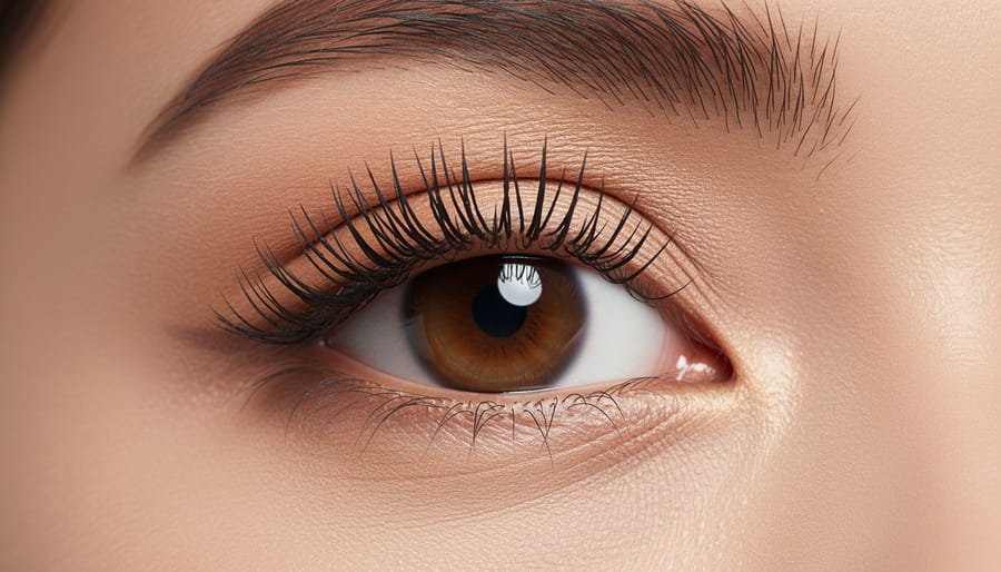 Macro close-up of separated eyelashes showing a smooth mascara finish.