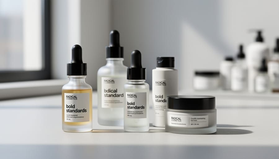 Minimalist arrangement of skincare containers and a beaker of clear liquid in bright natural light