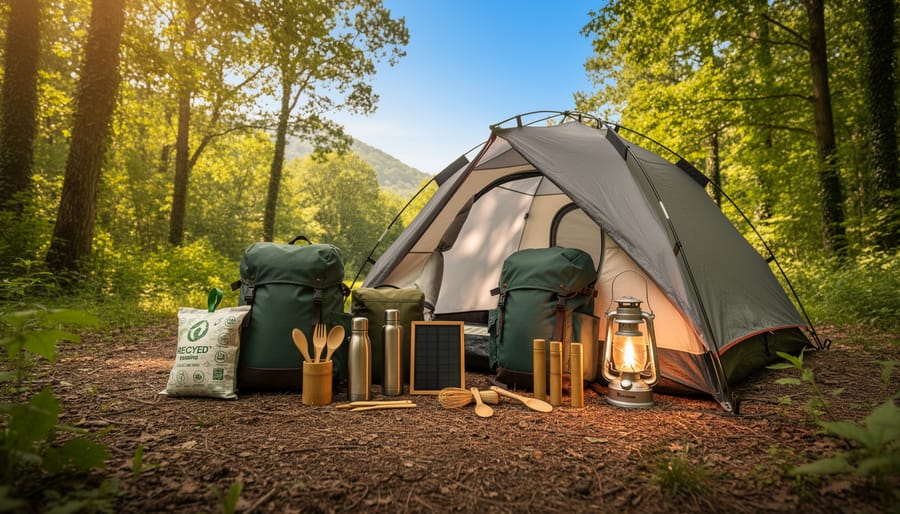Outdoor clothing laid on a picnic table near a natural campsite