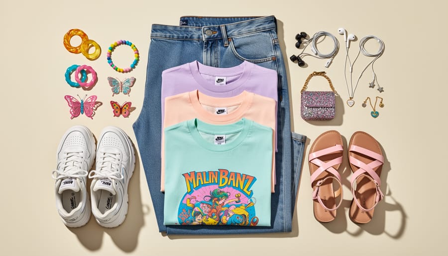 Overhead flat lay of Y2K fashion items including low-rise jeans, baby tee, platform flip-flops, chokers, hoop earrings, and a trucker hat