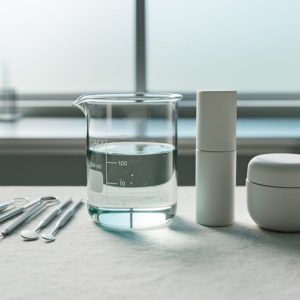 Minimalist skincare lab scene with unlabeled matte skincare containers, a glass beaker of clear formulation, and stainless tools on a light stone surface in soft natural light.