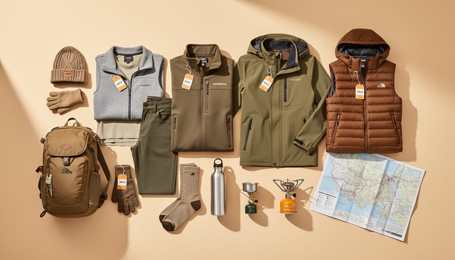 Stacked outdoor clothing layers displayed on a bench outside a storefront