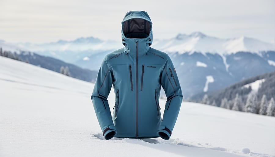 Waterproof outdoor jacket, gloves, and backpack styled on snowy ground