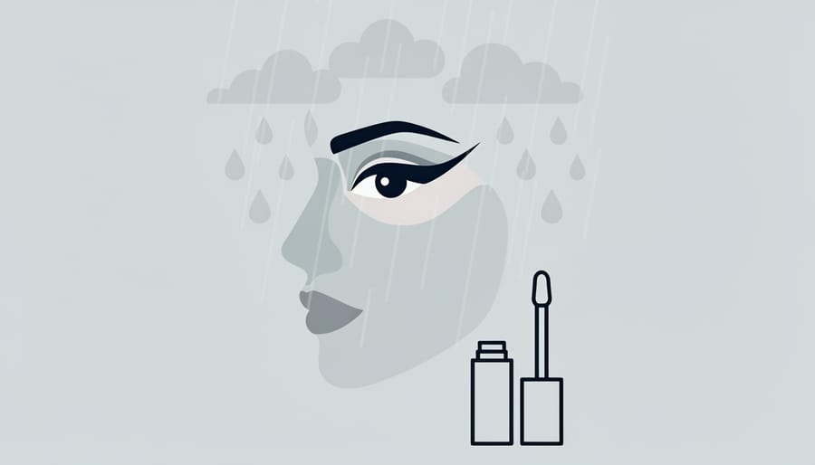 Woman outdoors on a rainy day with an umbrella, emphasizing mascara durability on lashes.