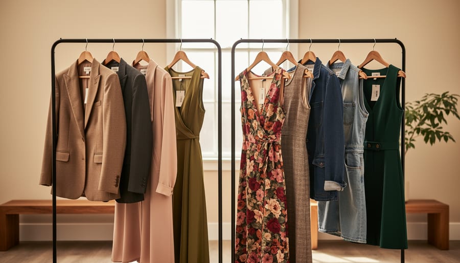 Neatly arranged rack of women’s blouses and dresses inside a boutique with fitting room area softly blurred in the background