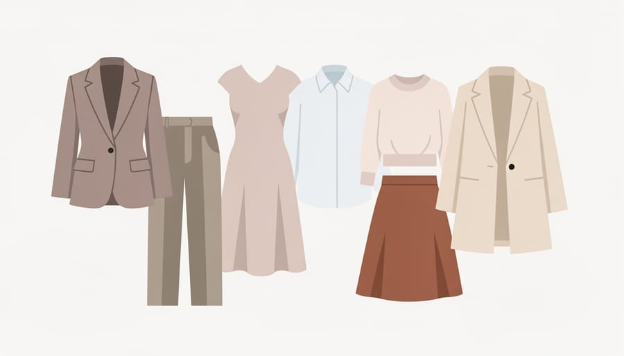 Seven sustainable clothing pieces arranged together on a bed in a cohesive wardrobe layout
