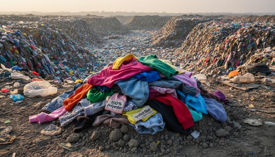 Synthetic fabric scraps and discarded clothing lying in a landfill-like environment
