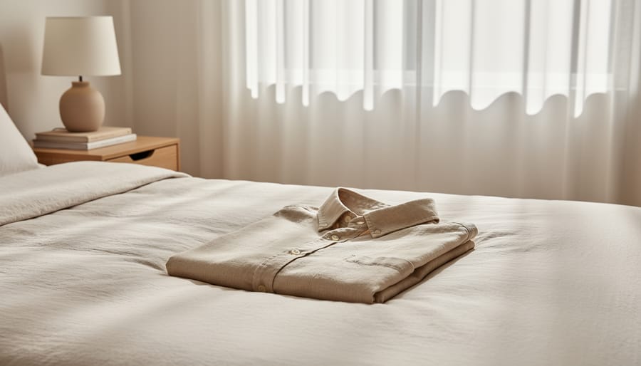 Linen blend button-down shirt folded and draped near natural linen bedding