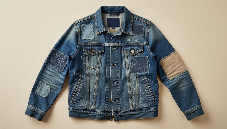 Woman holding a well-worn denim jacket with visible hand-stitched mending