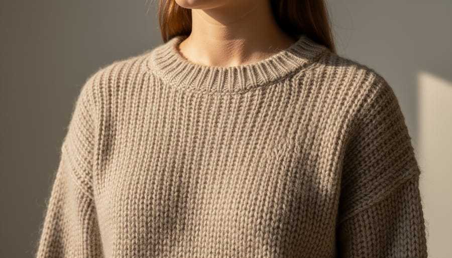 Organic cotton knit sweater displayed on a wooden bench with greenery in the background