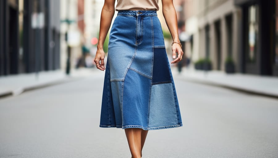 Model wearing a recycled denim midi skirt in an outdoor café setting