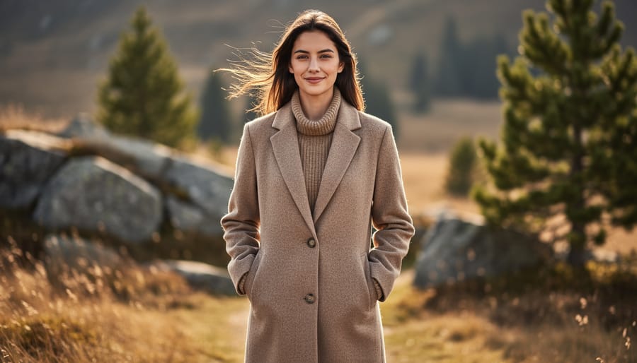 Recycled wool blend coat hanging outdoors on a natural branch with forest background