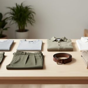 Seven neatly arranged men’s clothing essentials in neutral colors on a Scandinavian wooden table, styled to suggest a sustainable capsule wardrobe.