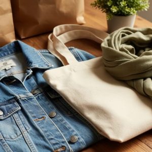 “Neatly arranged sustainable clothing items and natural-fiber accessories on a wooden surface under soft daylight.”