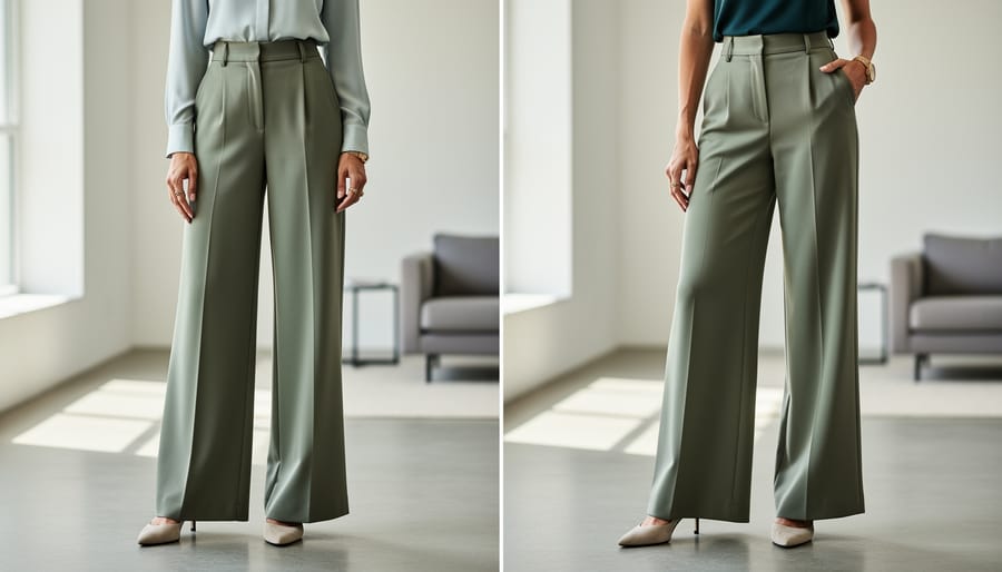 Model wearing Tencel lyocell wide-leg trousers on a city sidewalk