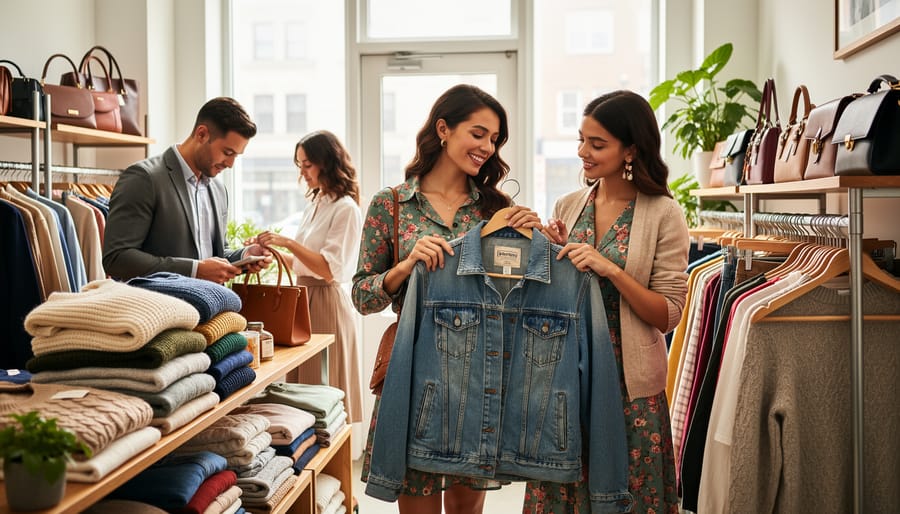 People browsing secondhand clothing racks, examining garments with visible fabric texture