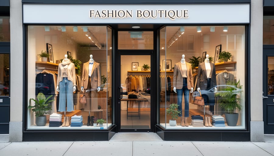 Boutique storefront window display with mannequins and colorful women’s clothing in soft daylight