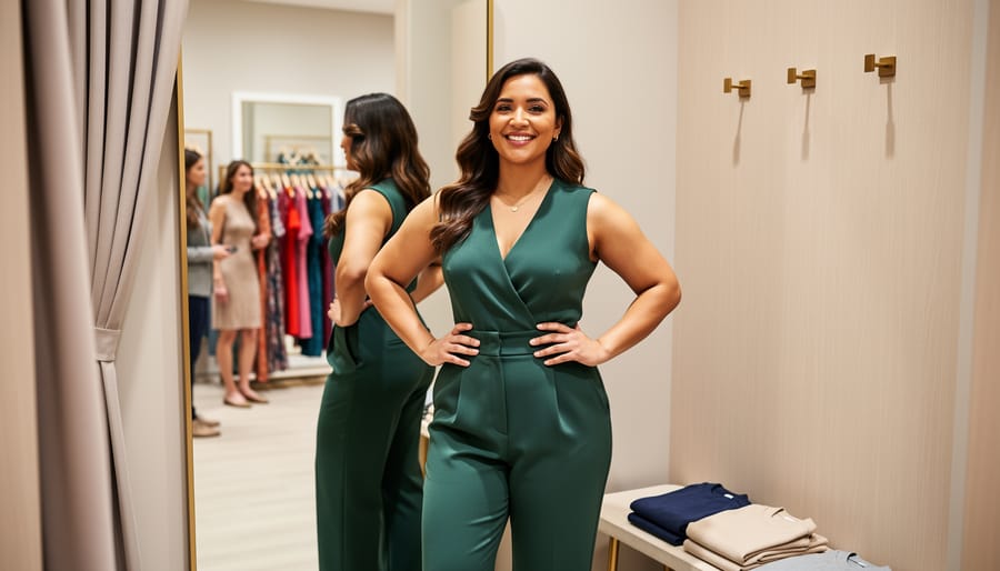 Woman trying on a blazer in a boutique fitting room with a mirror and neatly arranged clothing in the background