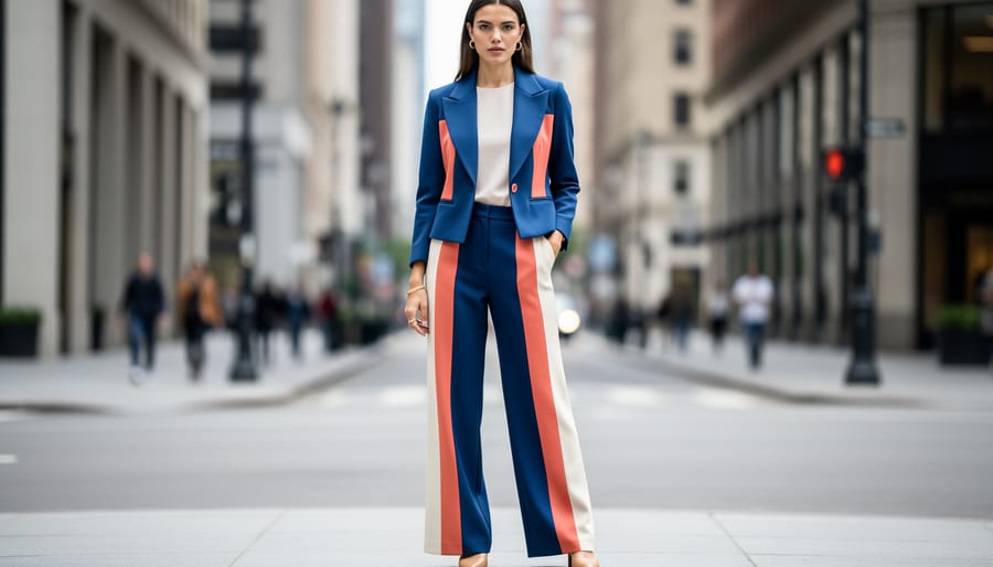 Woman wearing a cobalt and coral color-blocked blazer and trousers outdoors at golden hour