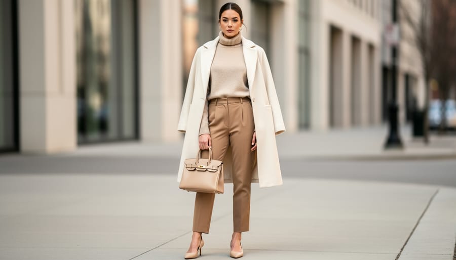 Model wearing a cream, beige, and camel monochrome outfit with layered textures