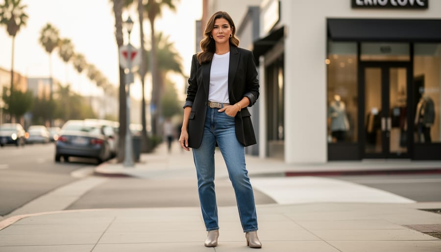 Woman wearing an oversized blazer over jeans in a city setting