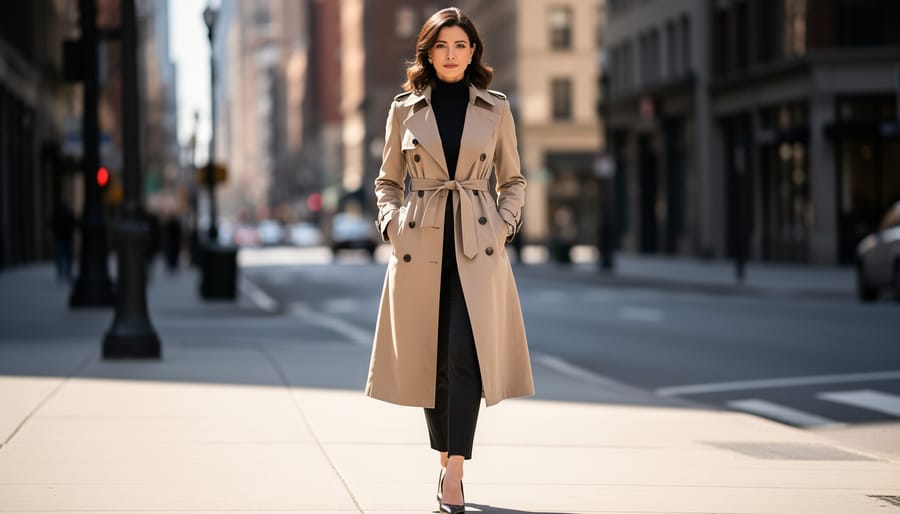 Woman in a glossy leather trench coat over a dark dress outdoors in rainy light