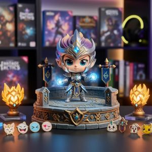 A tabletop display of fantasy game collectible cosmetic items, including a cute armored Little Legend figurine and glowing decorative vanity pieces arranged like curated merch.