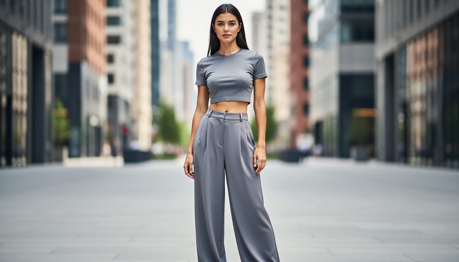 Model wearing high-waisted wide-leg trousers with a fitted cropped top