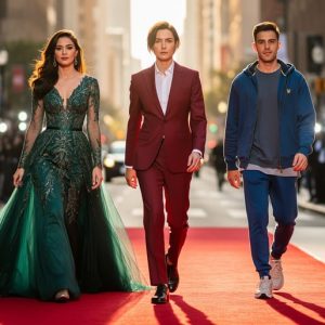Three Hollywood-style fashion icons confidently crossing from a red-carpet setting into a modern city street in a glamorous, jewel-toned editorial scene.